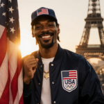 Snoop Dogg stands raising his right hand with Team USA jacket and baseball cap against the American flag and a blurred Eiffel