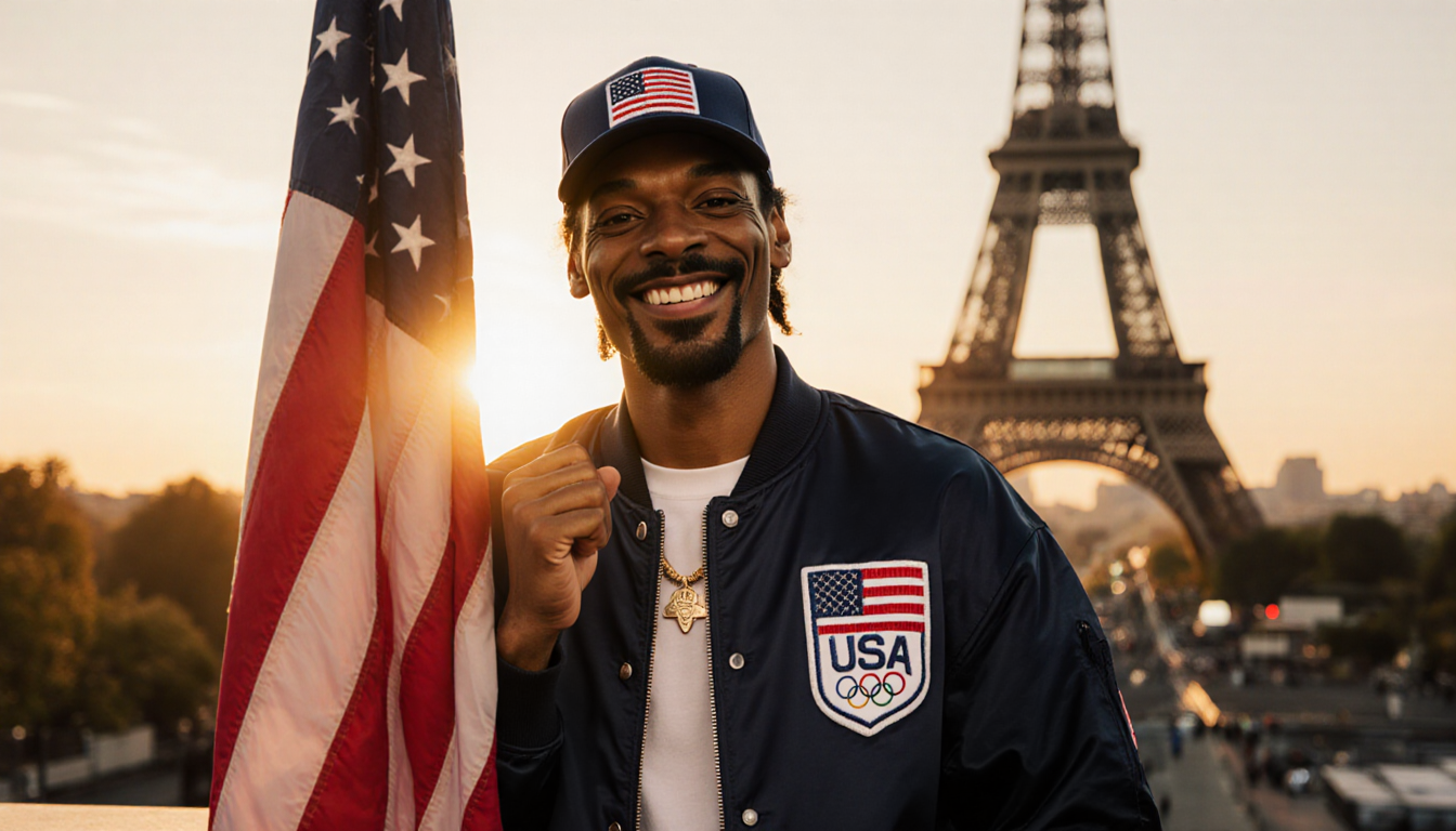Snoop Dogg stands raising his right hand with Team USA jacket and baseball cap against the American flag and a blurred Eiffel