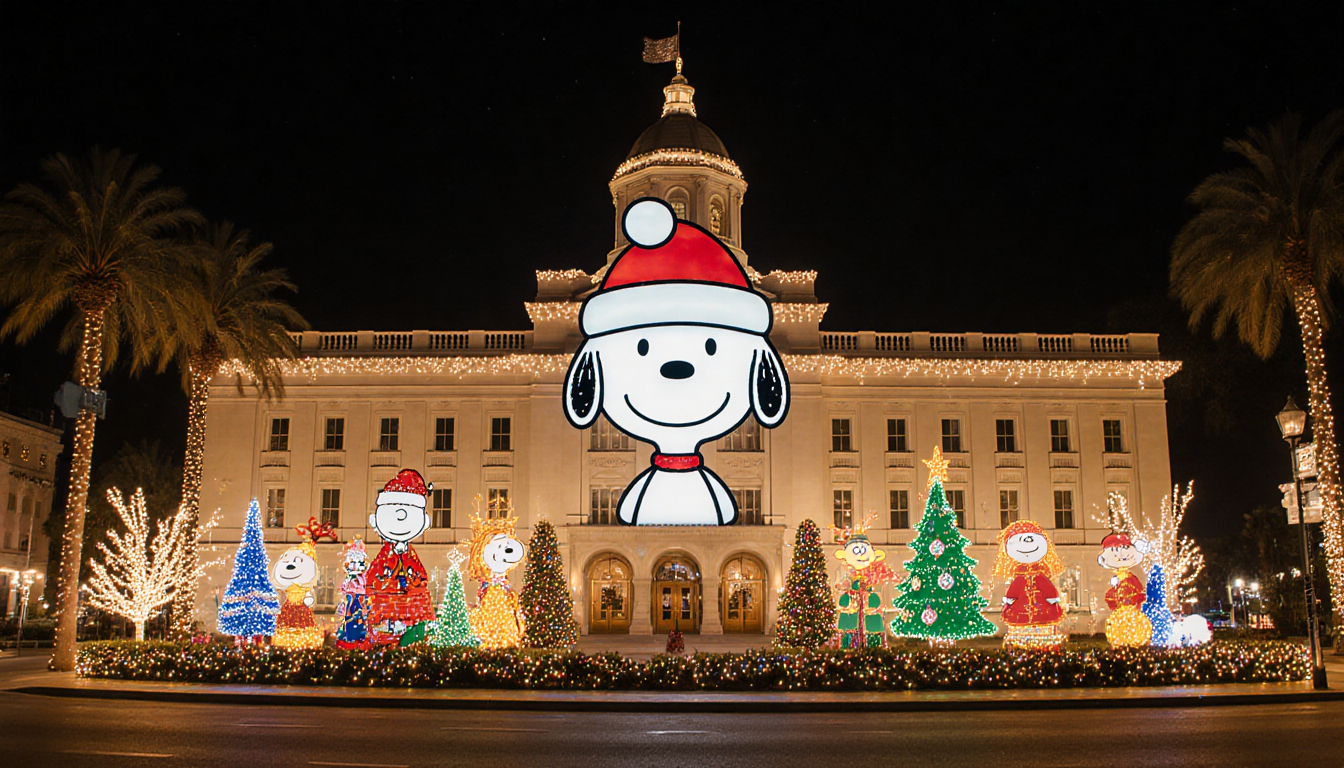 Snoopy smiling with holiday lights illuminating City Hall on a winter evening