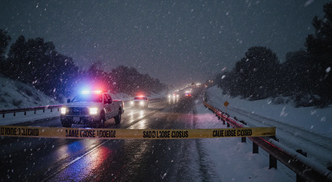 Pickup truck speeding away from camera with CHP car pursuing on snowy 110 freeway