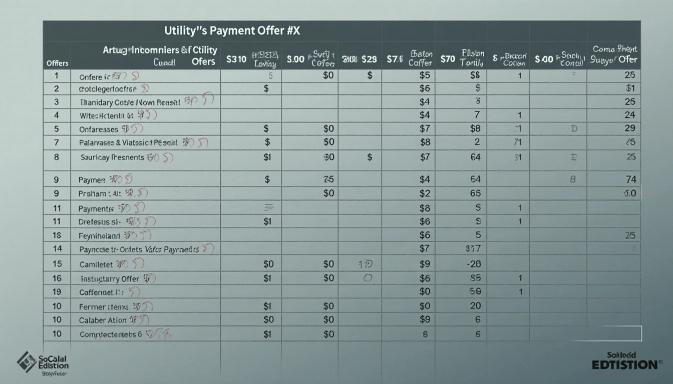 Spreadsheet showing 27 rows of SoCal Edison payment offers with amounts for Eaton Fire survivors