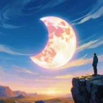 Figure watches total solar eclipse with pastel corona over blue Arctic sky and cliff edge beneath golden sunset