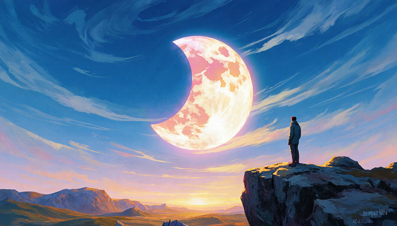 Figure watches total solar eclipse with pastel corona over blue Arctic sky and cliff edge beneath golden sunset