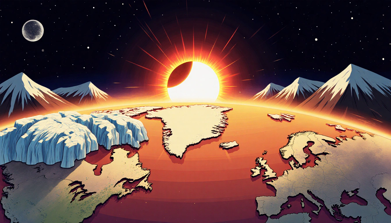 Solar eclipse casting a warm glow over Greenland glaciers and Iceland coastlines as it passes over Spanish mountains