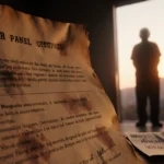 Worn contract with smudged fingerprints shows faded ink and a faint elderly shadow behind it in sunset light