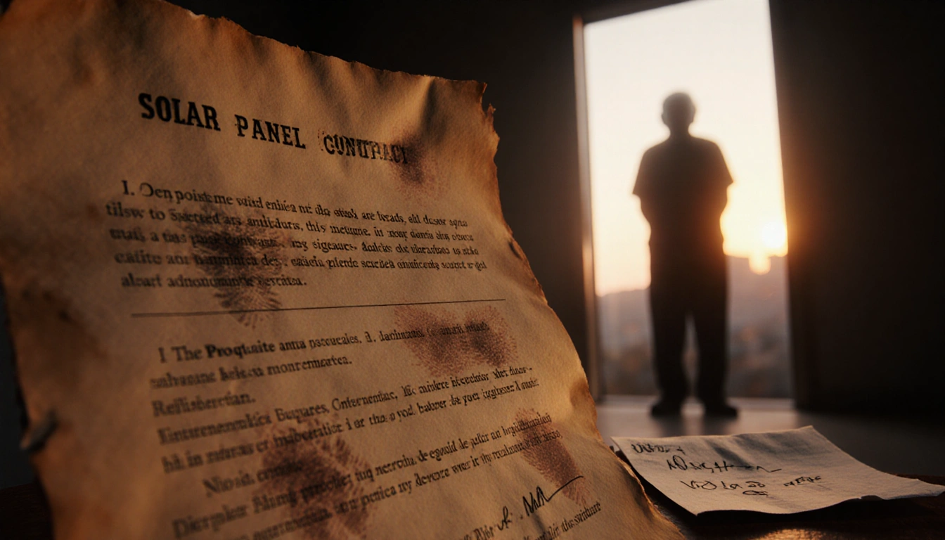 Worn contract with smudged fingerprints shows faded ink and a faint elderly shadow behind it in sunset light