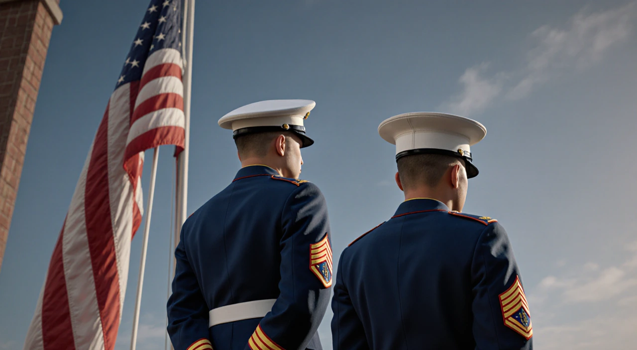 Two soldiers in uniform stand side by side paying respects to a half‑staff American flag with Iowa Guard insignia.