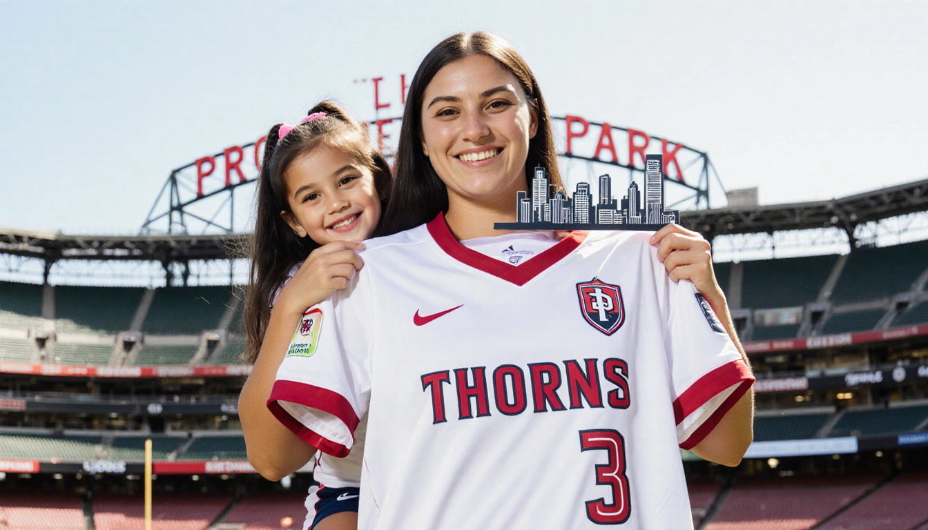 Sophia Wilson smiles holding a Portland skyline model as daughter Gianna peeks from behind a Thorns jersey at Providence Park