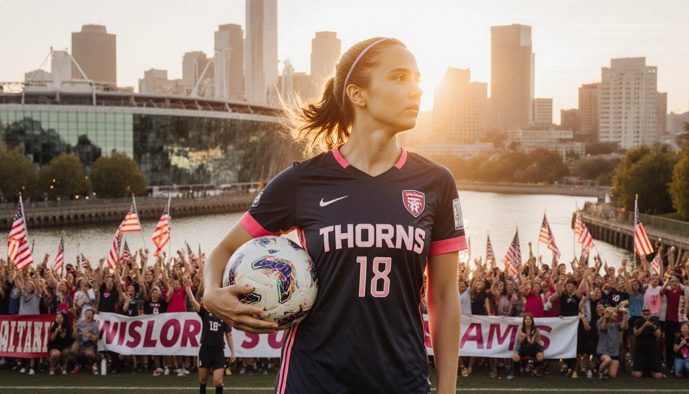 Sophia Wilson standing at Park wearing a Portland Thorns jersey, soccer ball under her arm, city skyline reflected in glass b