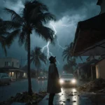 Person in raincoat looking up at lightning storm with swaying palm trees and broken street debris
