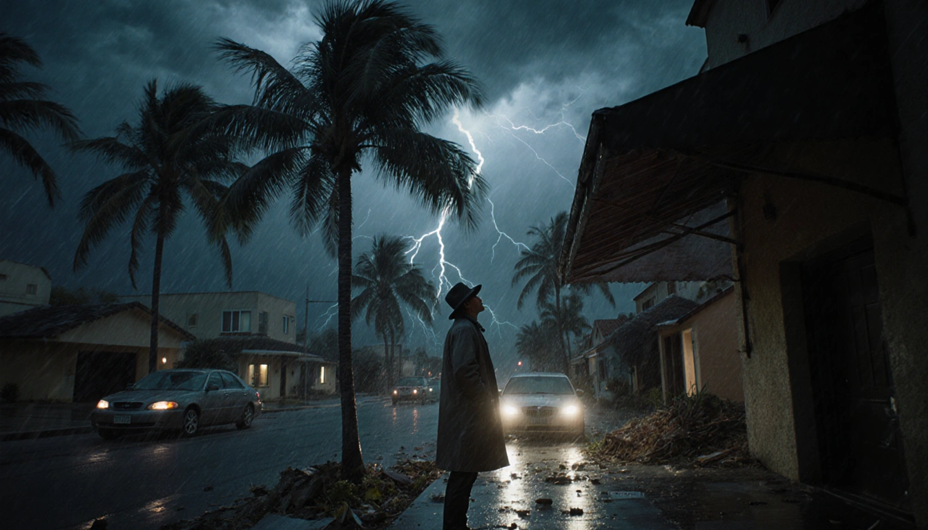 Person in raincoat looking up at lightning storm with swaying palm trees and broken street debris