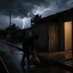 Person holding sandbag with wooden door and lightning-filled rainstorm sky on a California street while a homeless shelter gl