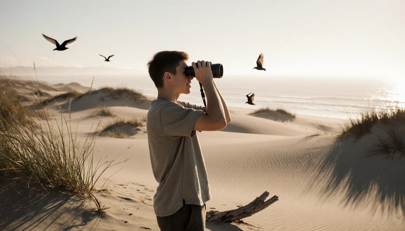 Young birder scopes out the horizon with binoculars and warm sunlight over coastal dunes with silhouetted birds