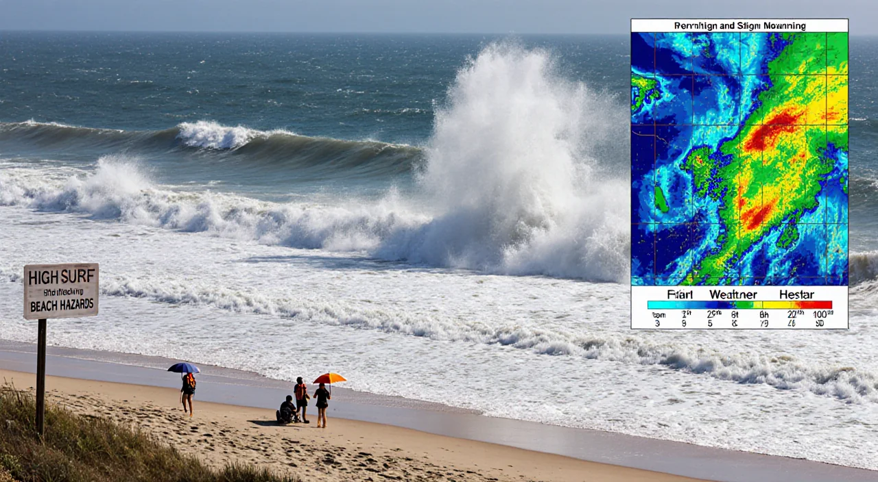 Towering waves crash on shore with whitecaps and beachgoers clutching umbrellas while a high surf sign warns of storm hazards