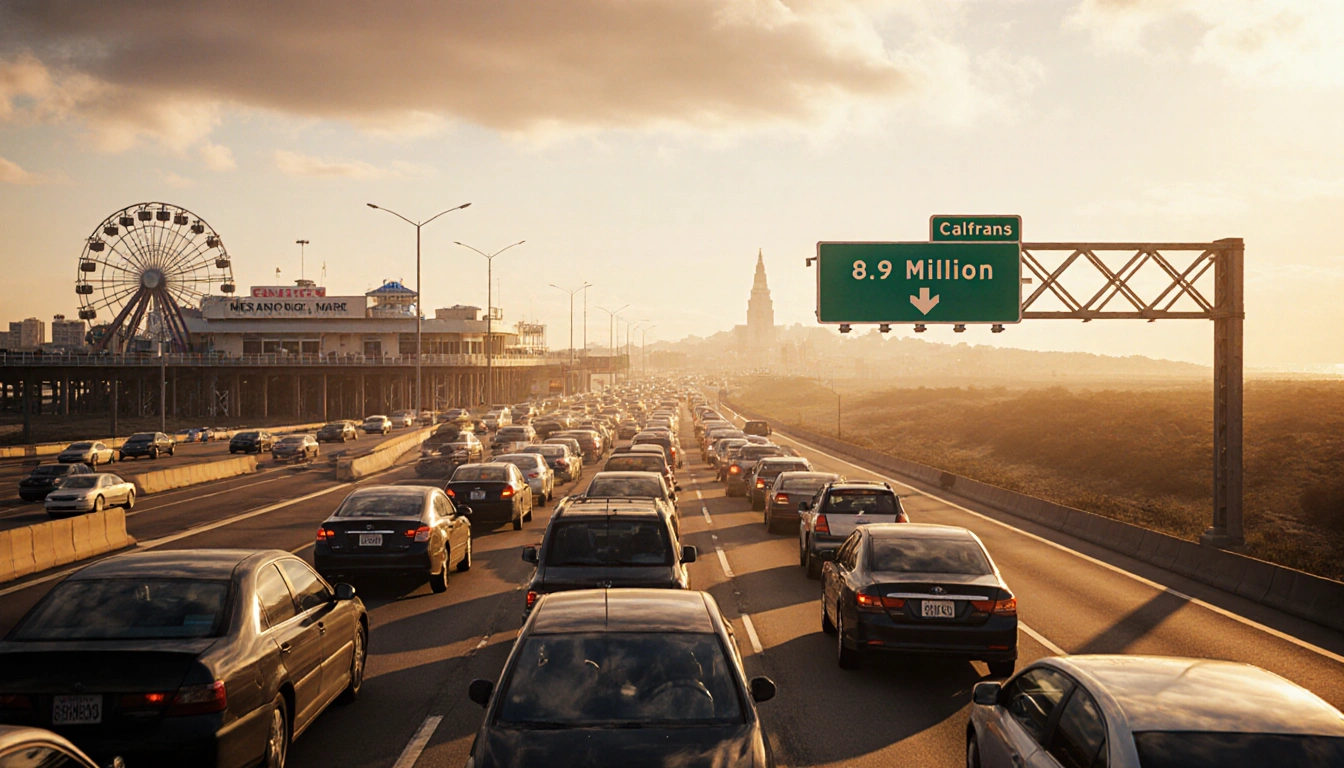Cars idling on congested Southern California highway with Santa Monica Pier and Caltrans sign in view