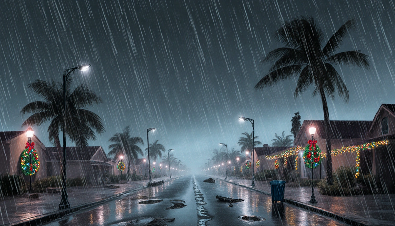 Heavy rain cascading over empty wet Southern California streets with puddles reflecting streetlights and faint Christmas ligh