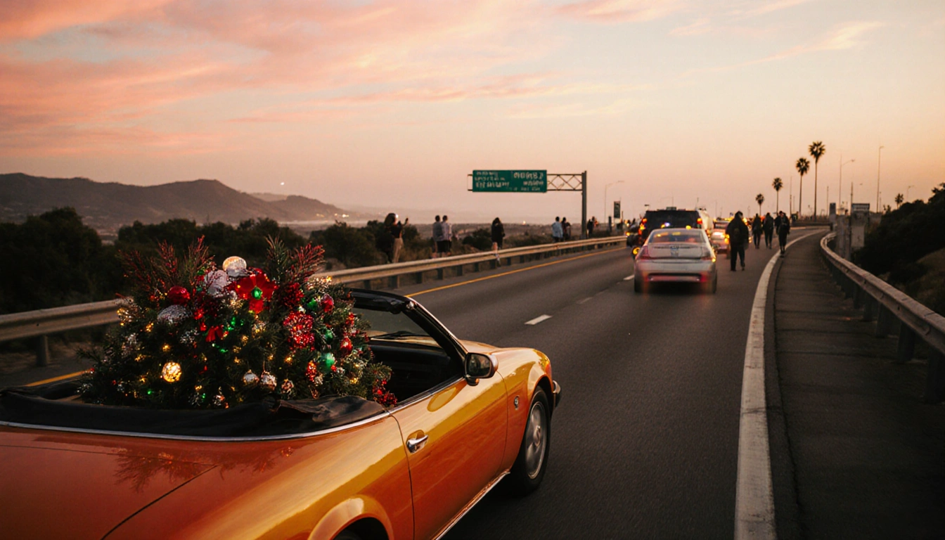 Packed car on Southern California highway with holiday decorations drives past bright orange convertible near sunset sky.