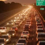 Cars bunch together on a congested Southern California highway with a sea of brake lights and a warning sign.