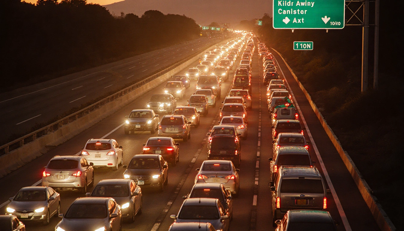Cars bunch together on a congested Southern California highway with a sea of brake lights and a warning sign.
