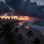 Palm trees swaying with wind as debris drifts onto the beach under a stormy sunset over Southern California coastline.