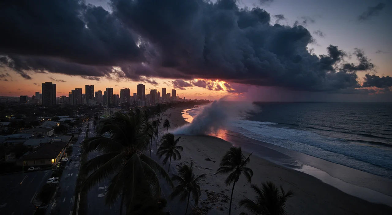 Palm trees swaying with wind as debris drifts onto the beach under a stormy sunset over Southern California coastline.