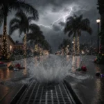 Storm drain opening with torrent of rain during a Christmas Eve storm and palm trees swaying in the wind.