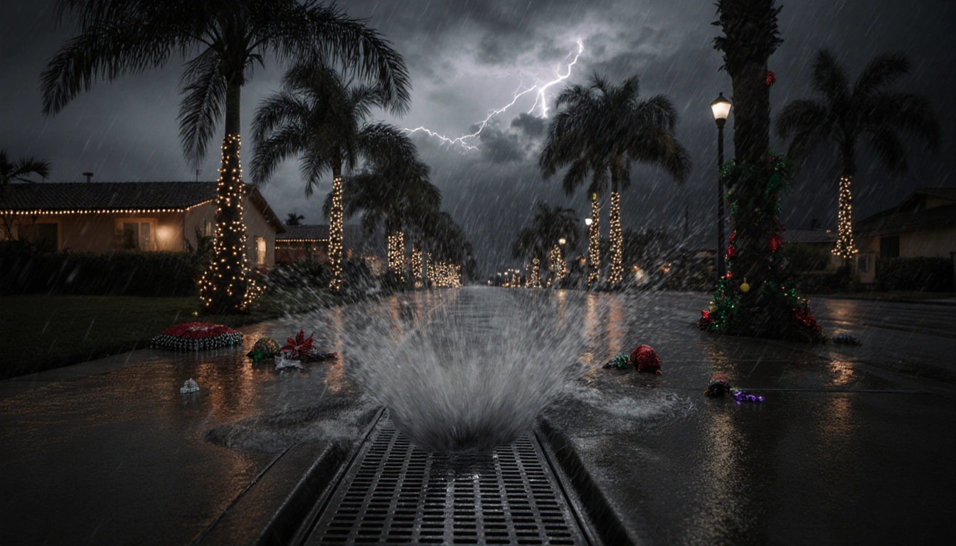 Storm drain opening with torrent of rain during a Christmas Eve storm and palm trees swaying in the wind.