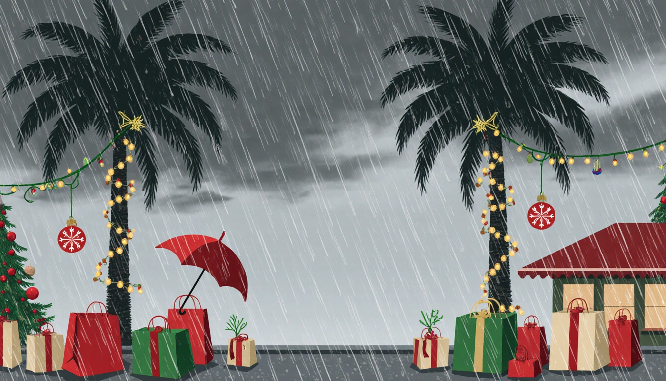 Rain-soaked shopping bags sway beside umbrellas with palm trees drizzling under Christmas lights