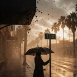 Woman holds street sign while her umbrella blows inside out in a dusk storm with palm trees