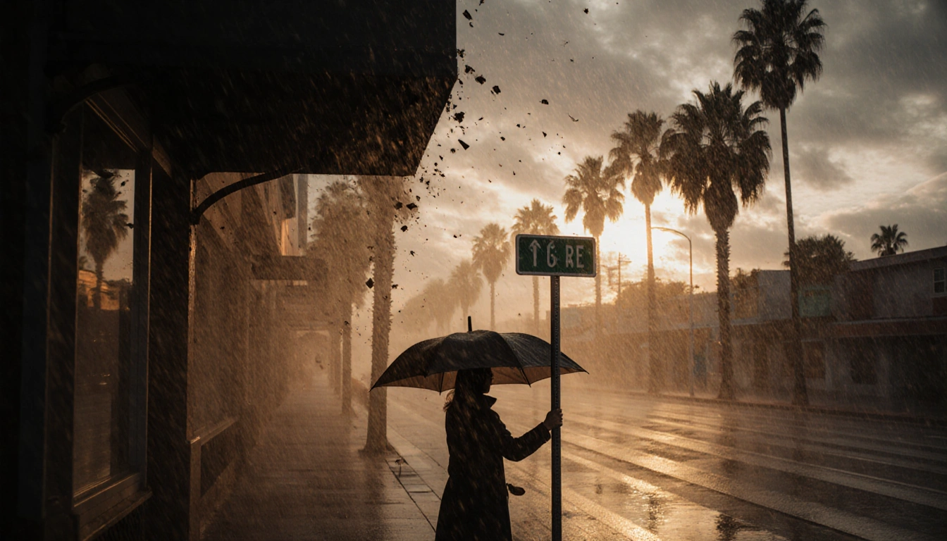 Woman holds street sign while her umbrella blows inside out in a dusk storm with palm trees