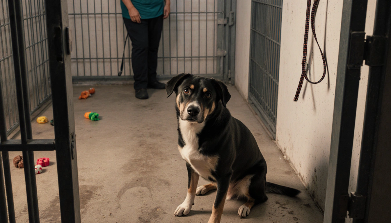 Spanky the dog sits on his haunches looking up with warm light in a shelter kennel and a leash nearby
