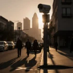 Speed camera on pole watches pedestrians walking away from a faded X in dusk light with city skyline behind.
