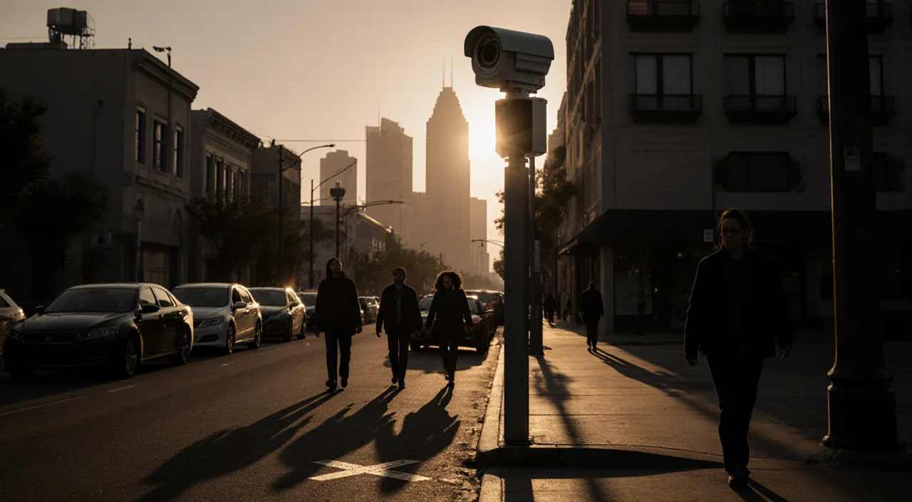 Speed camera on pole watches pedestrians walking away from a faded X in dusk light with city skyline behind.