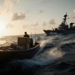 Speedboat speeds away from a navy destroyer with sunrise glow on waves and a fishing boat fleeing in foreground