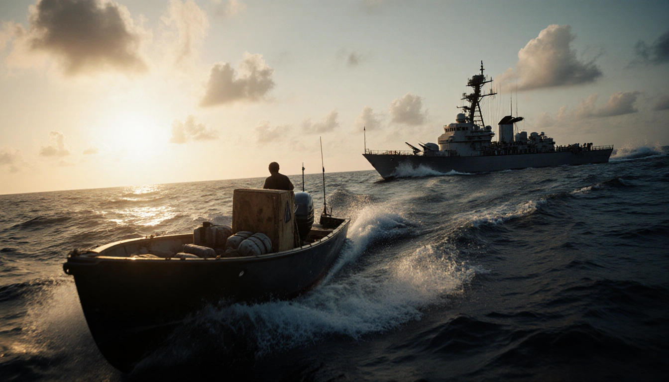 Speedboat speeds away from a navy destroyer with sunrise glow on waves and a fishing boat fleeing in foreground