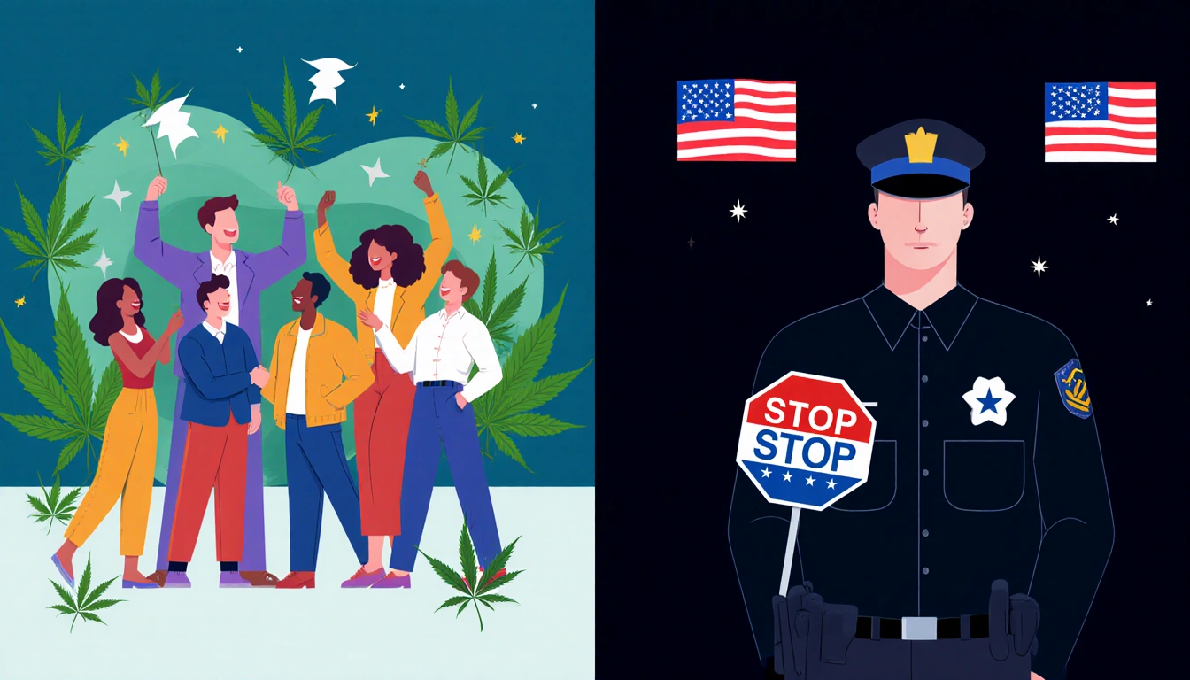 Pro-Marijuana crowd celebrates with green cannabis leaves while Anti-Marijuana figure stands with STOP sign.