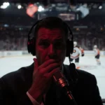 Announcer covers his mouth with a shocked look in a sports radio booth with red glow and Flyers logo.