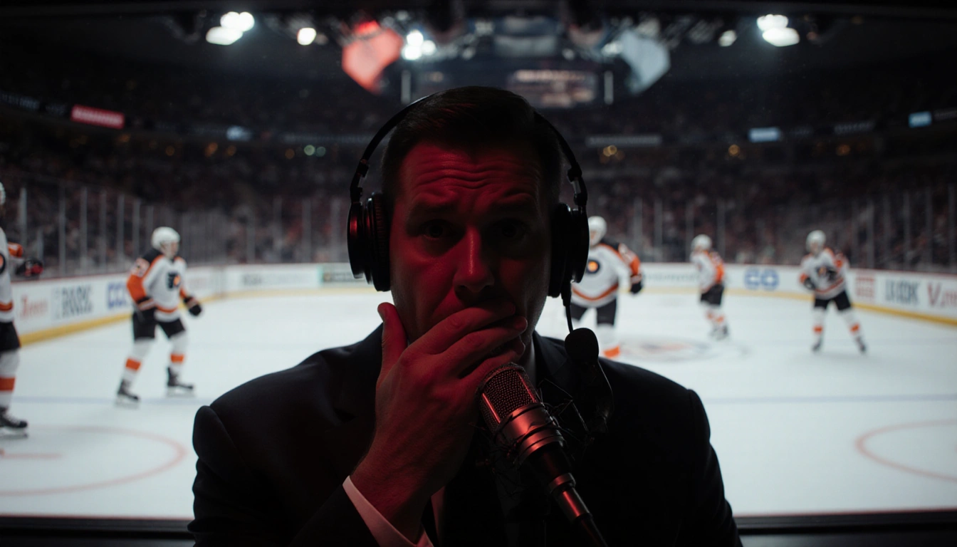 Announcer covers his mouth with a shocked look in a sports radio booth with red glow and Flyers logo.