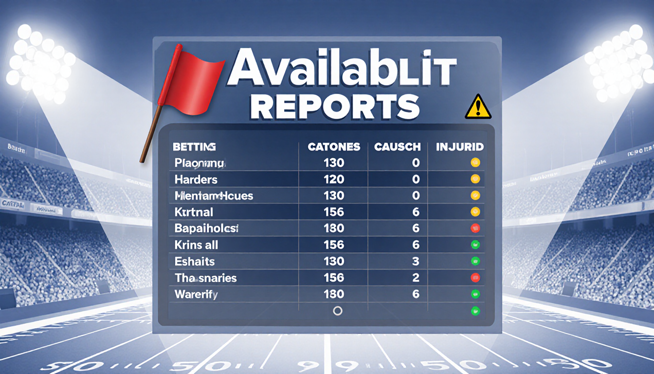 Scoreboard showing availability reports with betting odds and injury alerts and a red flag near injured names in bold typogra