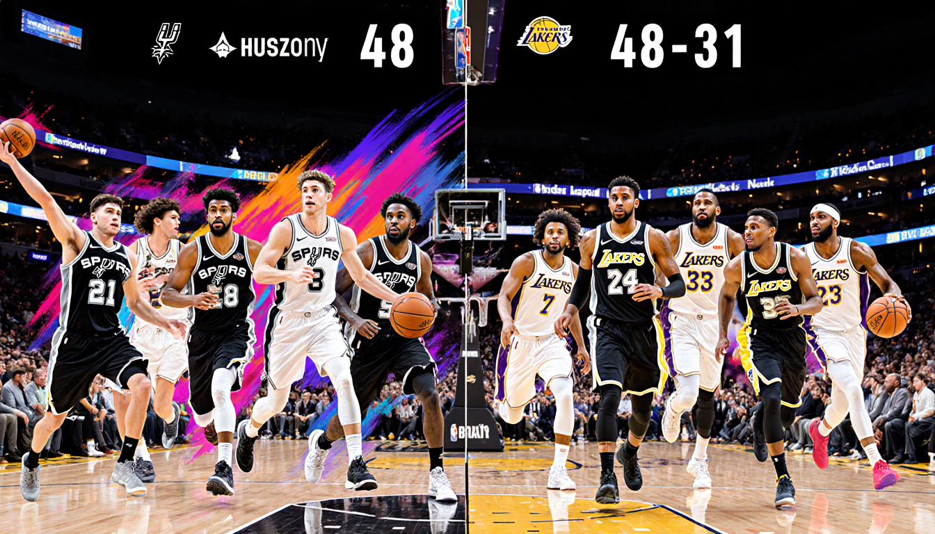 Spurs bench players outscore Lakers reserves 48-31 with vibrant score highlights and Vegas lights.