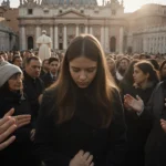 Pope Leo XIV delivering a Christmas address with a diverse crowd and a young woman praying.