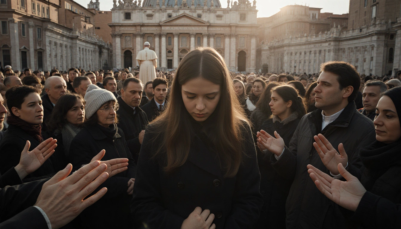 Pope Leo XIV delivering a Christmas address with a diverse crowd and a young woman praying.