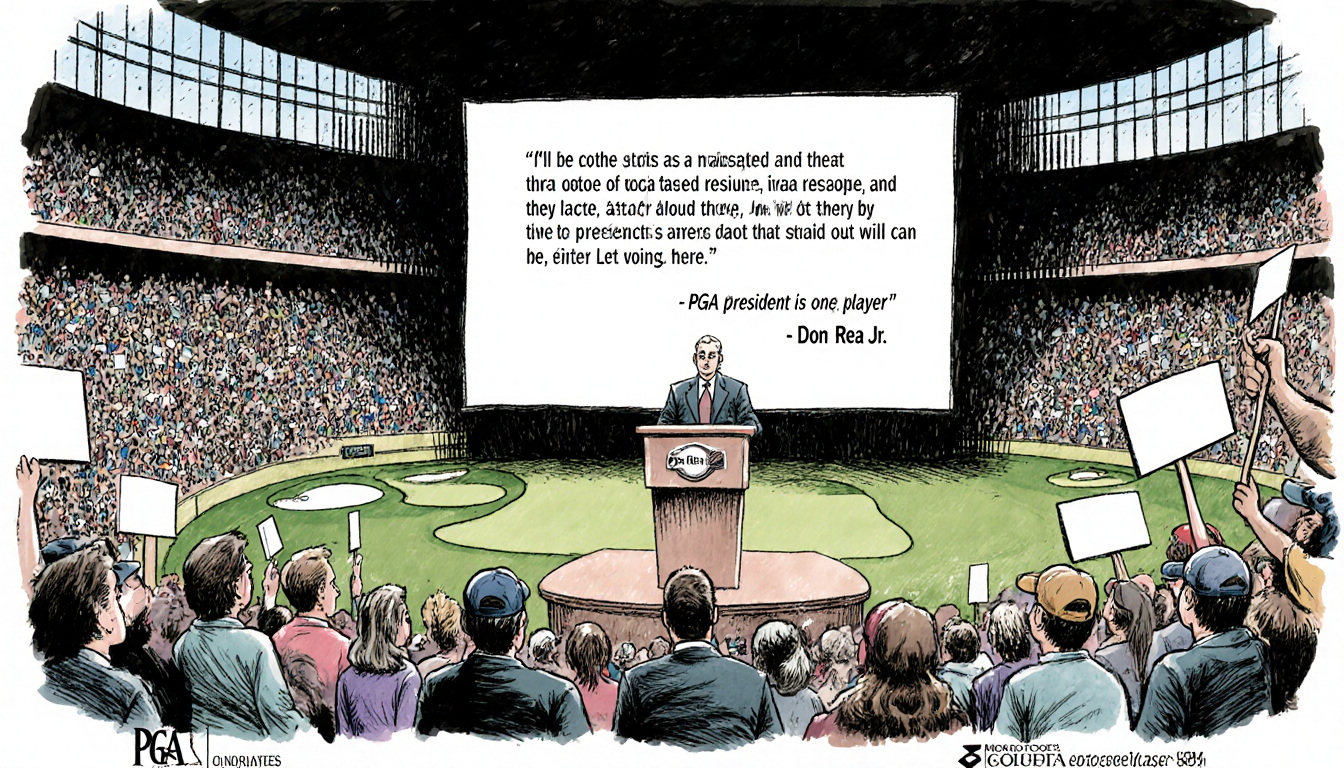 Fans holding signs and players looking disappointed with podium chair and a banner quoting an apology golf course backdrop