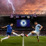 Chelsea footballer kicks ball toward leaping Aston Villa player with stadium and Premier League logo and fans lightning sky