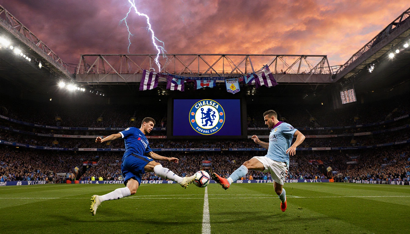 Chelsea footballer kicks ball toward leaping Aston Villa player with stadium and Premier League logo and fans lightning sky