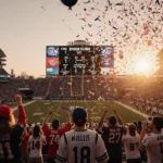 Fans cheering with confetti and balloons in a sunlit stadium where the scoreboard announces playoff battles.