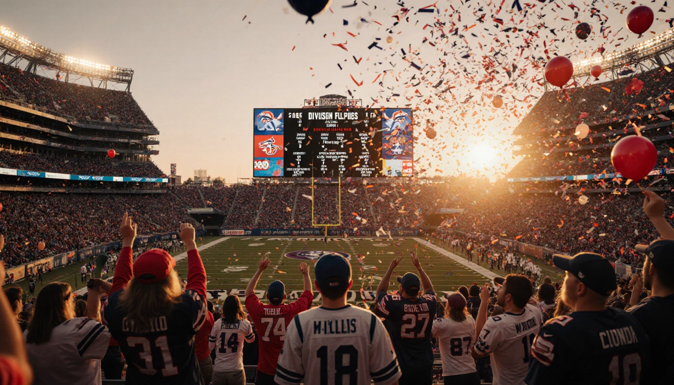 Fans cheering with confetti and balloons in a sunlit stadium where the scoreboard announces playoff battles.