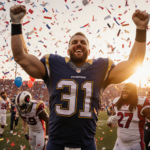 Matthew Stafford raises arms in victory with cheering Rams fans and confetti under a warm sunset glow.