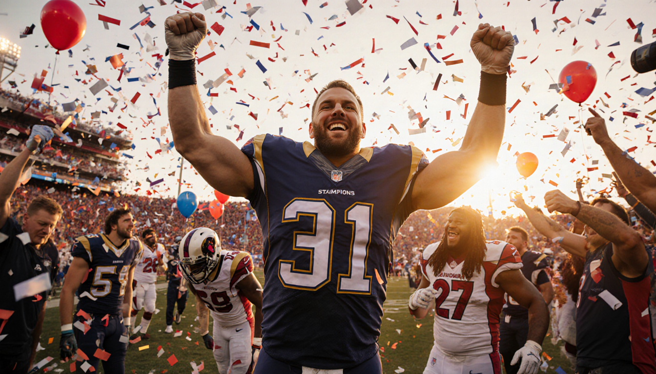 Matthew Stafford raises arms in victory with cheering Rams fans and confetti under a warm sunset glow.