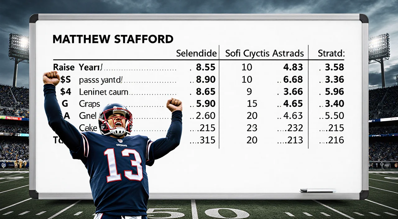 Matthew Stafford standing triumphantly with a whiteboard of football stats and a blurred SoFi Stadium backdrop.